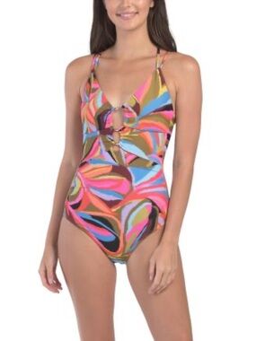 NWT La Blanca Multicolor Tropic Waves Lace-Up Design One-Piece Swimsuit 14